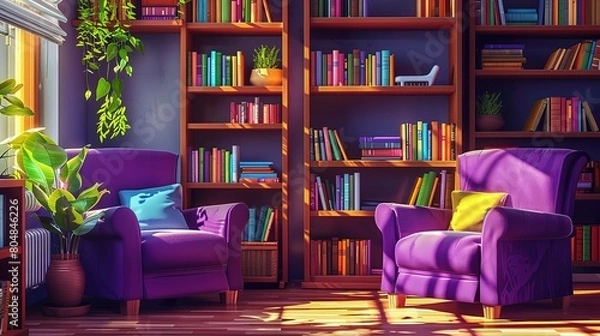 Obraz Beautiful Interior of modern living room with brown armchair and bookshelf