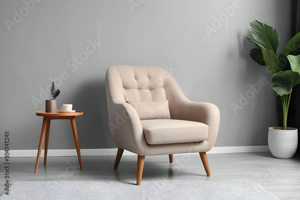 Fototapeta Stylish room interior with comfortable armchair and side table, space for text