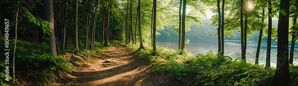 Fototapeta A panoramic view of a beautiful forest trail with a lake in the background.