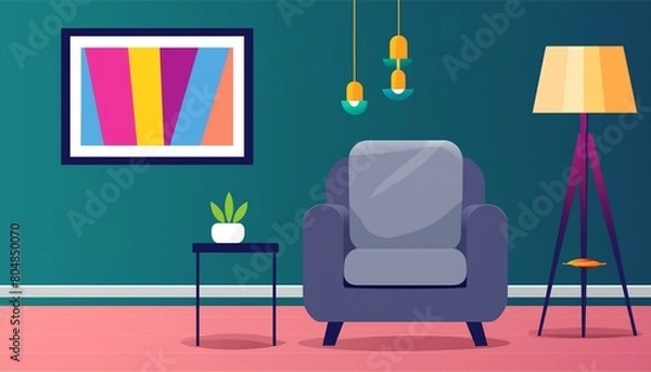Obraz The background is a green living room with a grey decorative chair, a lamp frame in the middle of the table, and a poster style graphic.