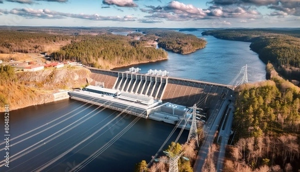 Fototapeta Power grids across the Swedish expanses. Hydroelectric power station by the river