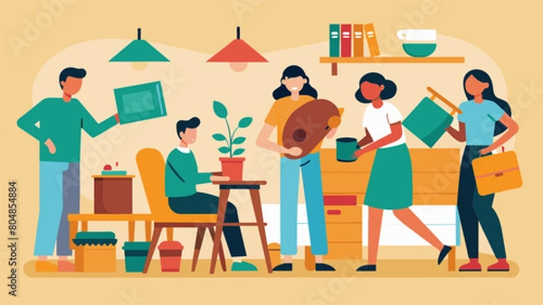 Fototapeta The workshop hosts a swap meet where participants can bring in old furniture and trade it for soing they can restore and make their own.. Vector illustration