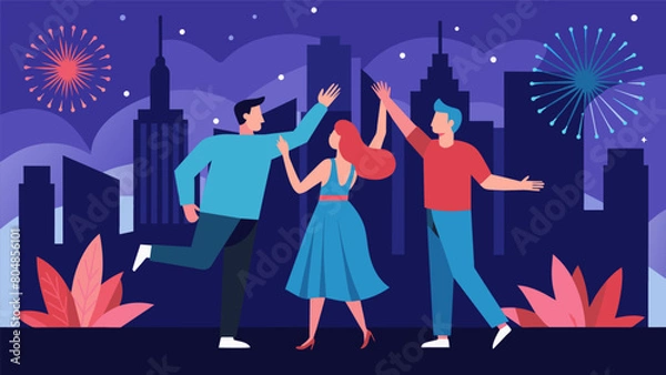 Fototapeta As the city comes alive with fireworks two couples share a dance in front of the iconic skyline their spirits full of American pride.. Vector illustration