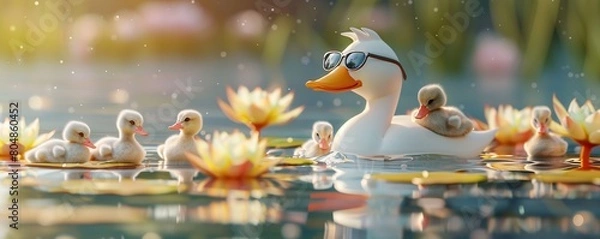 Fototapeta Family outing: Mother duck in aviator sunglasses guides her ducklings on a summer pond adventure. 3D illustration.