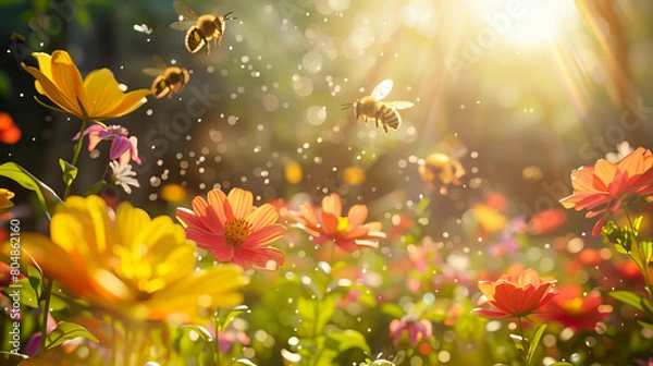 Fototapeta honey bees flying around sunny flowers garden.