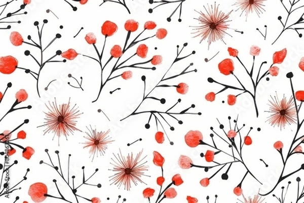 Fototapeta Vivid Red and Black Botanical Watercolor Pattern Background
