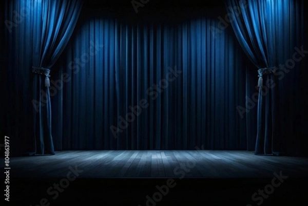 Obraz Empty theater stage with luxurious blue velvet curtains and spotlight by award ceremony