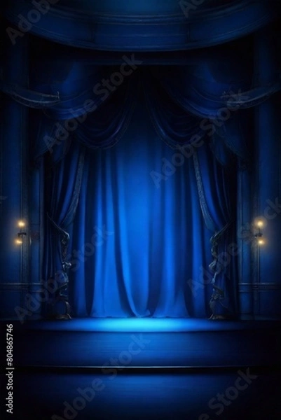 Fototapeta Empty theater stage with blue velvet curtains and spotlight by award ceremony background