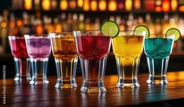 Fototapeta wine glasses on the table, glass of champagne, glass of wine, juice glasses on the table, lemon tea on the table, drink display on the bar table