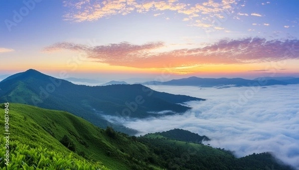Fototapeta green mountain with fog and sunrise twilight sky at background