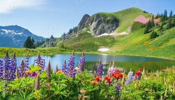 Fototapeta green mountain with fog and sunrise twilight sky at background