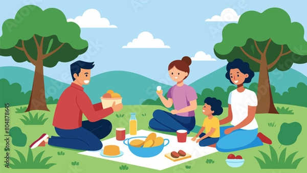 Fototapeta A family enjoying a picnic in the park utilizing social stories and roleplaying to prepare their neurodivergent child for potential challenges and. Vector illustration