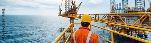 Fototapeta Oil rig worker overseeing operations, highlighting the challenging yet crucial energy production work they perform, set against an ocean backdrop