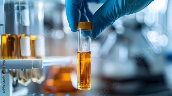 Fototapeta Carefully Examining Amber Hued Motor Oil in a Laboratory Setting with Scientific Equipment