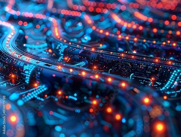 Fototapeta 3D Rendering of Glowing Fiber Optic Cables Forming Intricate Patterns - A Modern Communication Concept