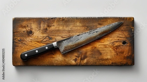 Obraz A Clean Knife. top view, on white background and cutting board and space for text.