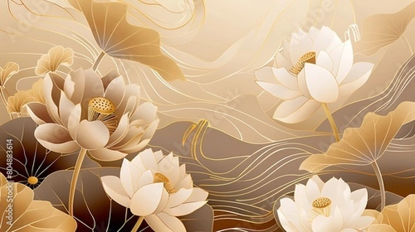 Fototapeta Luxury oriental flower background vector. Elegant white lotus flowers golden line art, leaves, gradient color. Design for decor, wallpaper, poster, banner, card. Generative Ai