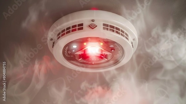 Fototapeta Realistic depiction of a smoke detector in full alert mode with visible smoke, perfect for safety campaigns
