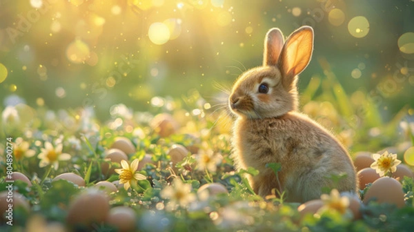 Fototapeta A cute easter bunny standing in the grass with easter eggs, spring flowers, soft light, and pastel colors, with the scene having a cinematic style with sun rays.