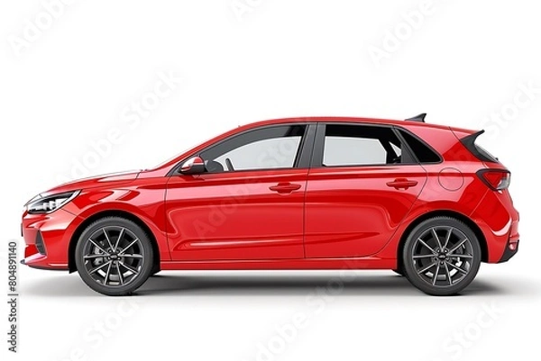 Obraz side view of Red hatchback car is isolated on white background. Generative Ai