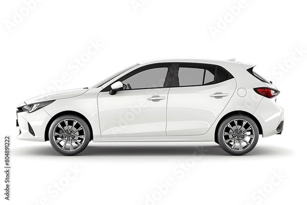 Fototapeta Side view of white hatchback car is isolated on white background. Generative Ai