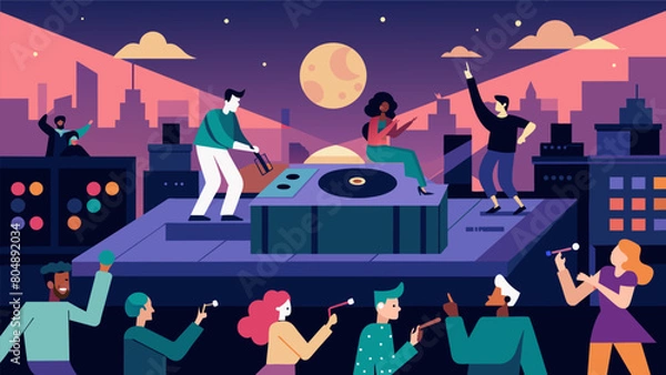 Fototapeta As the night progresses and the crowd grows the rooftop transforms into a lively dance floor where people groove to the catchy beat of vinyl records. Vector illustration