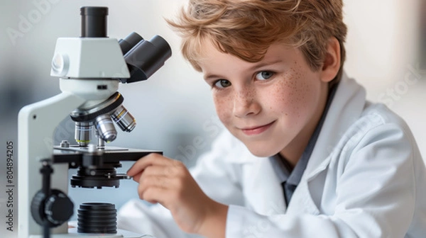 Fototapeta A young boy in a lab coat using a microscope, on a blurred background, depicting a concept of scientific education. Generative AI