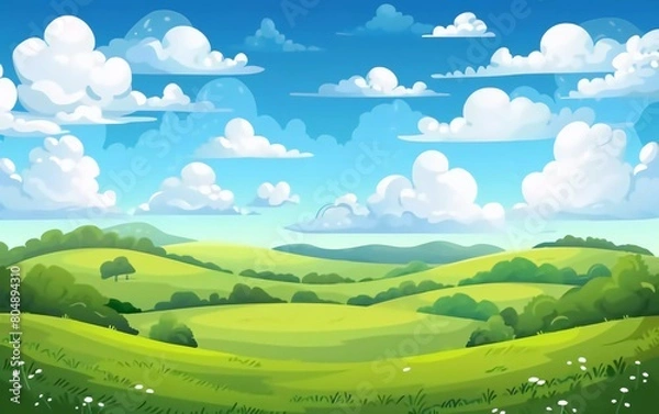 Fototapeta landscape cartoon scene with green hills and white clouds on very beautiful summer blue sky background