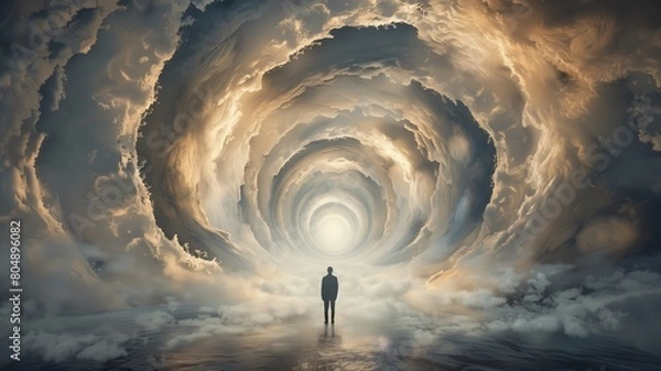 Fototapeta Man stands in the center of an infinite tunnel of light and clouds, with a surreal, light at the end of tunnel, death