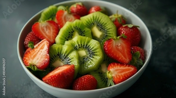 Fototapeta A bowl filled with ripe kiwi and vibrant strawberries, creating a colorful and appetizing display of fresh fruits