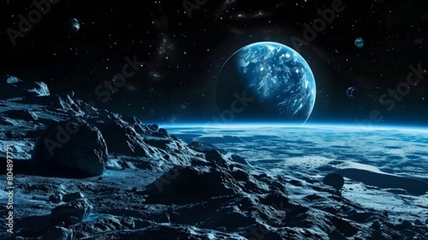 Fototapeta Distant Alien Landscape with Looming Blue Planet in Starlit Cosmic Horizon