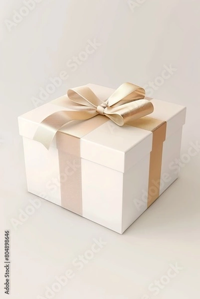 Fototapeta Elegant White Gift Box with Beige Ribbon 3D Render on Neutral Background