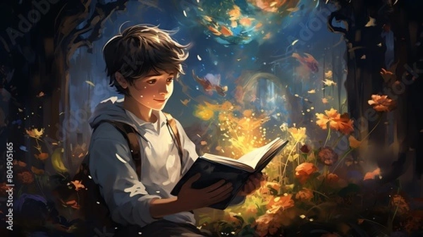 Fototapeta Inquisitive boy on a giant book in a radiant botanical garden, pages aglow, creating a fantastical reading environment