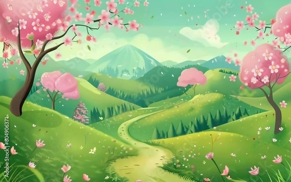 Fototapeta Cartoon spring landscape. Art illustration. very beautiful 3d vector background