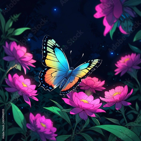 Fototapeta illustration of a butterfly with wings that light up like neon and land on a flower at night