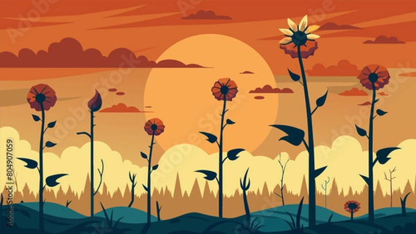 Fototapeta As the sun sets over the garden the once wilted and damaged plants now stand tall and strong representing the resilience of the brain through.