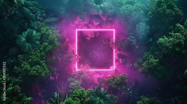 Fototapeta neon square set in the heart of a dense forest of deep green and neon pink