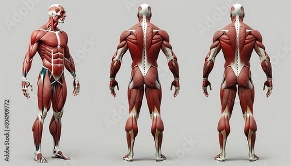 Fototapeta anatomical model of the human muscular system from multiple angles. Concept of human anatomy, kinesiology, and physical education.
