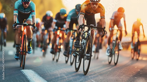 Fototapeta An action-packed view of a road cycling competition, showcasing a group of cyclists intensely pedaling during a high-speed race, emphasizing athleticism and determination.