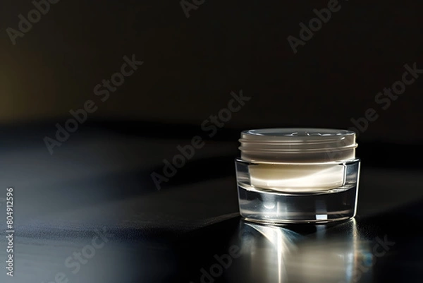 Fototapeta  luxurious skincare cream in a clear glass jar against a dark, moody background. The precise peak of the cream adds a touch of sophistication, perfect for beauty and wellness themes.