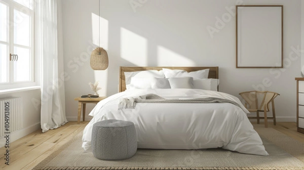 Fototapeta A cozy, minimalist bedroom with white bedding and abundant natural light