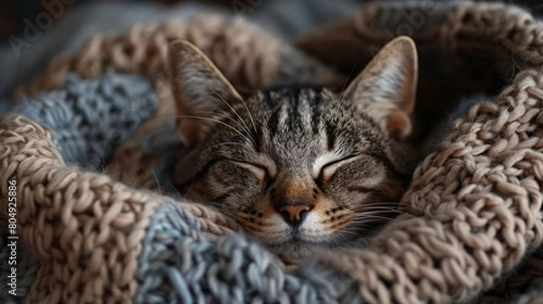 Fototapeta a cute cat sleeping comfortable in a whoolen blanket