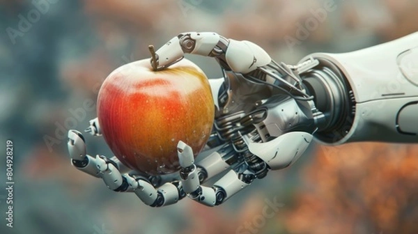 Obraz A 3D rendering of a robotic hand gracefully holding an apple, symbolizing the integration of technology and genetic modification