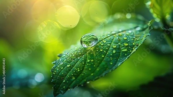 Fototapeta Tranquil water droplet on a leaf, a macro shot that emphasizes peace and simplicity in nature