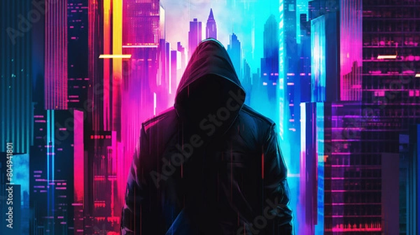 Fototapeta A strange man silhouette in a hood on a city abstract background art
