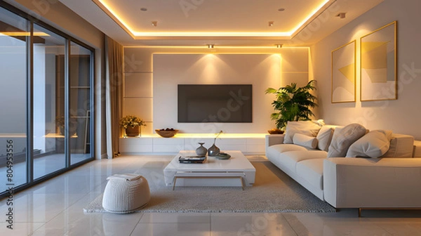 Fototapeta Huge modern living room with large windows and high ceilings with seating area and TV area and dining area with a large designer table with chairs. 3D rendering.