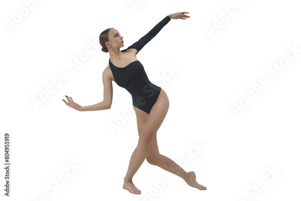 Obraz young female dancer in a bodysuit and barefoot shows elements of modern choreography with an eversion of the arms, isolated on transparent background, png