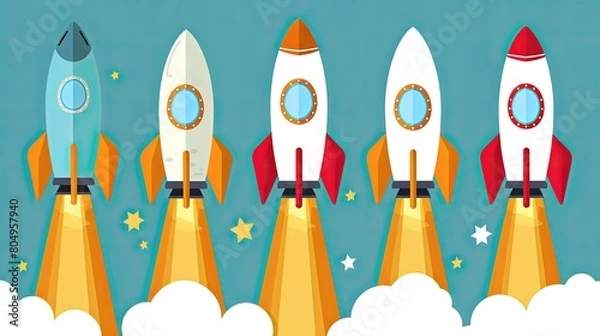 Fototapeta A series of rockets are flying in the sky, with one rocket being the tallest