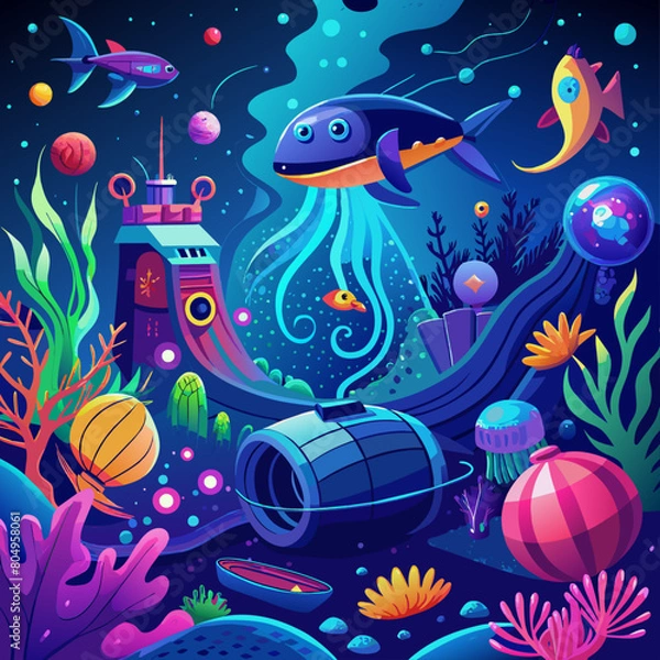Fototapeta marine life background, Deep sea exploration backgrounds with neon marine life.