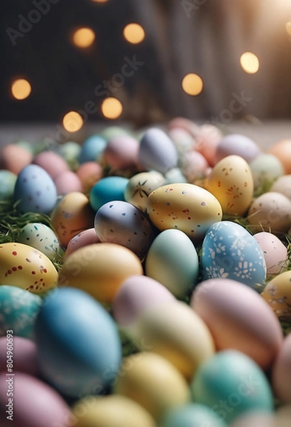 Obraz White Easter bunny rabbits in different poses and pastel Easter eggs vector illustration